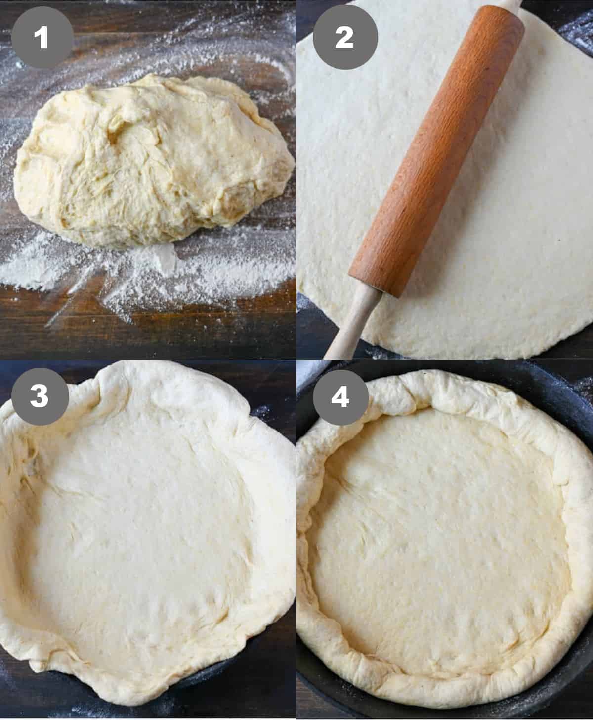 pizza dough ball being rolled out and placed into the skillet.