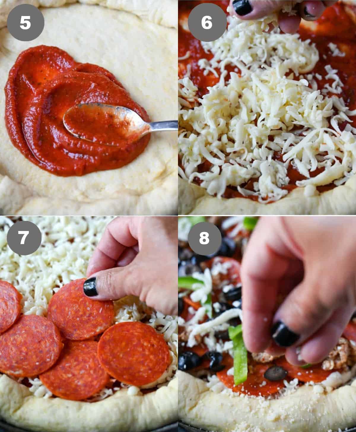 Sauce being spread on the pizza then cheese and toppings.