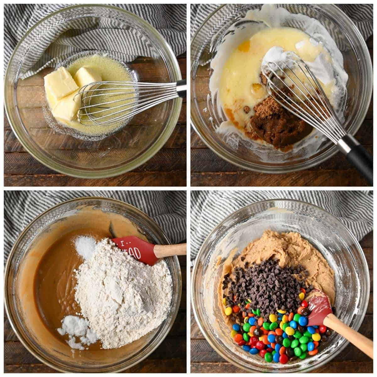 Four process photos. First one, melted butter in a bowl. Secodn one, sugar and brown sugar added to the bowl. Third one, flour mixture being added to the bowl. Chocolate chips and M&M's poured into the batter.