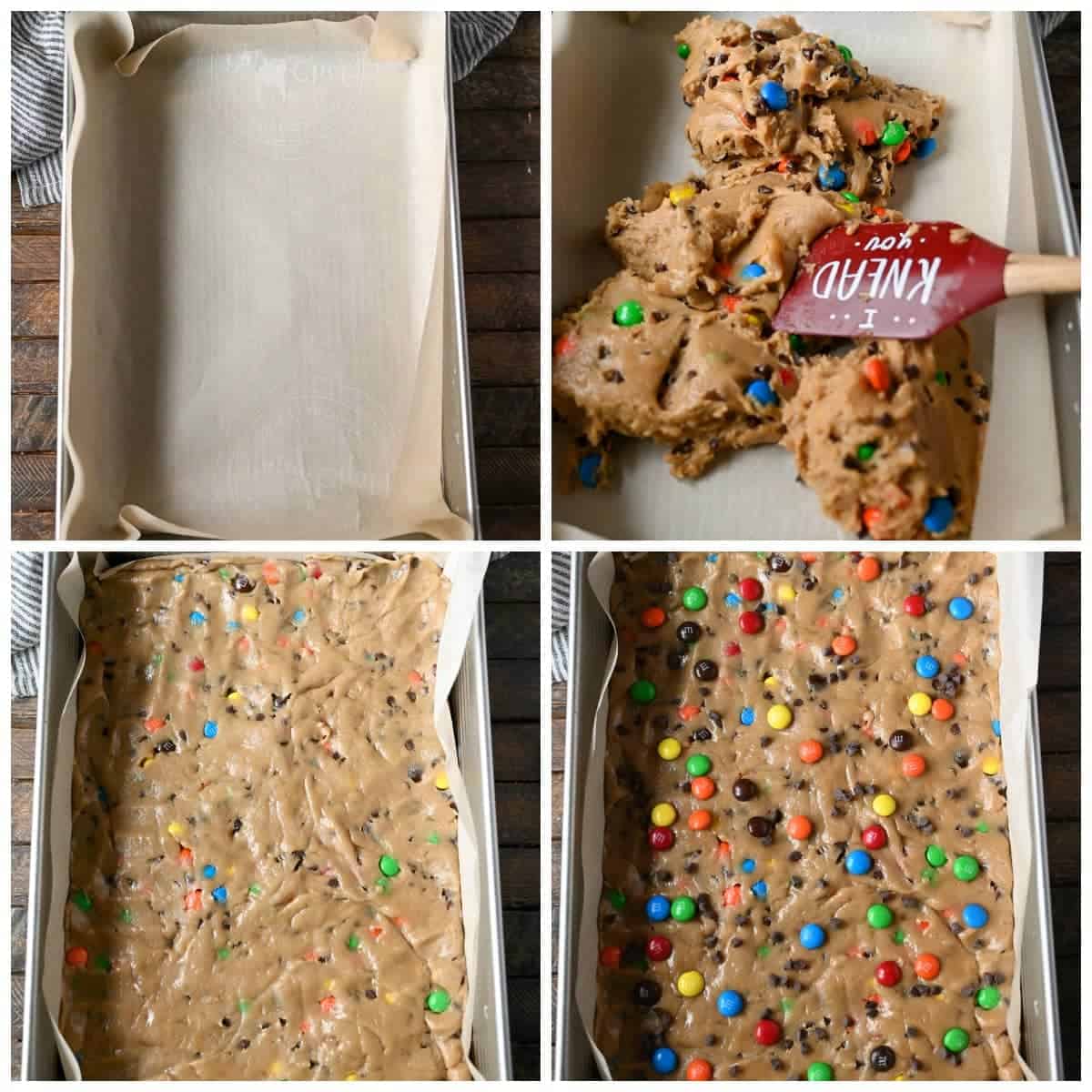 Cookie bars are pressed into a baking pan.