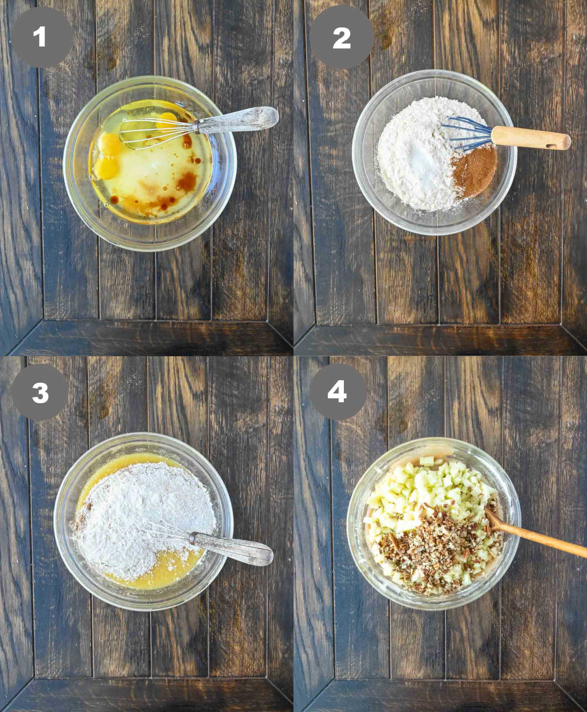 Apple cake being mixed in a bowl.