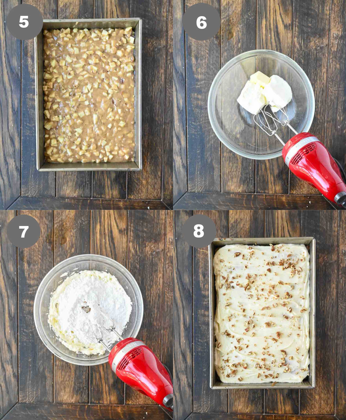 Cake in a pan and baked then cream cheese frosting mixed in a bowl and spread on the cake.