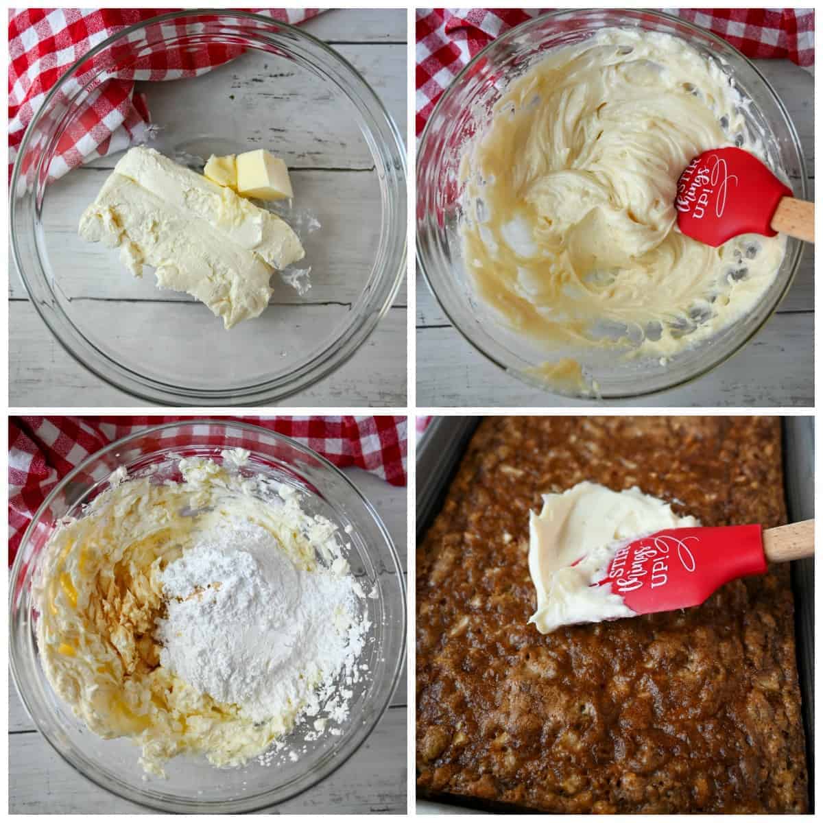 Four process step photos. First one cream cheese and butter in a clear bowl. The second one, after it has been mixed well with a hand mixer and a red spatula. Third one, confectioners' sugar and vanilla being added. Fourth one, Cream cheese frosting being spread on top of cooled apple cake with a red spatula.