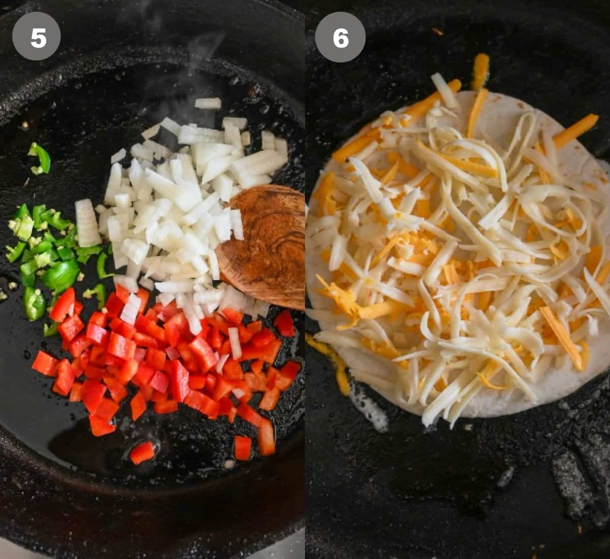 Bell pepper and onions cooked in a skillet then a tortilla added with shredded cheese.
