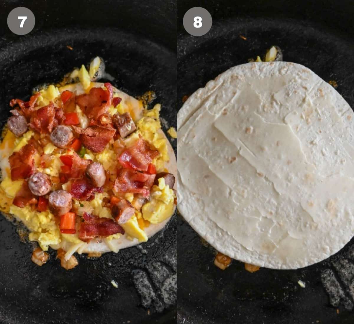 Additional toppings added to the cheese then another buttered tortilla on top.