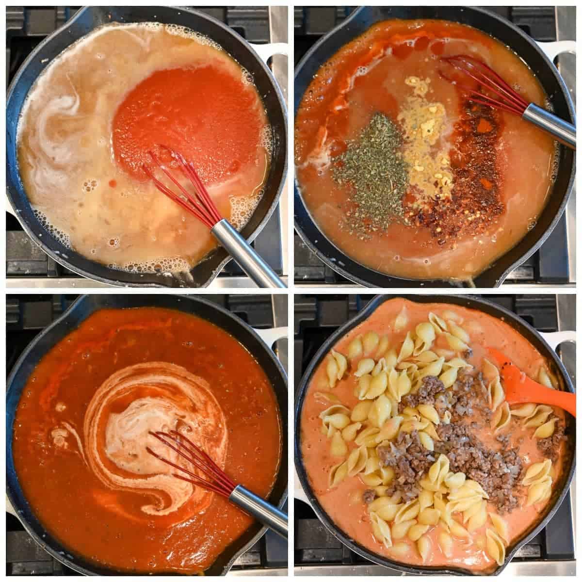 Four process photos. First one, tomato sauce is whisked in. The second one, Italian seasoning, paprika, dry mustard and red pepper being added. Third one, heavr cream poured in. Fourth one, cooked pasta and ground beef mixed into the sauce.