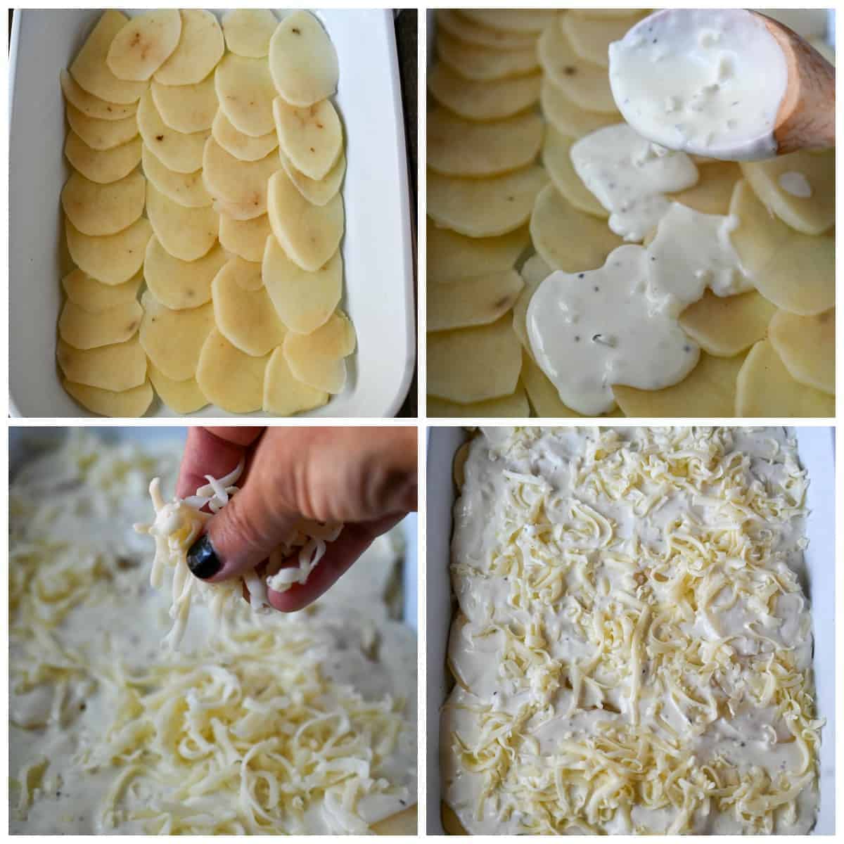Four process pjotos. First one, sliced potatoes all layed in a white casserole dish. Second one, sauce being poured over potato layer. Third one, cheese sprinkled on top of sauce. Fourth one, final layer with cheese on top.