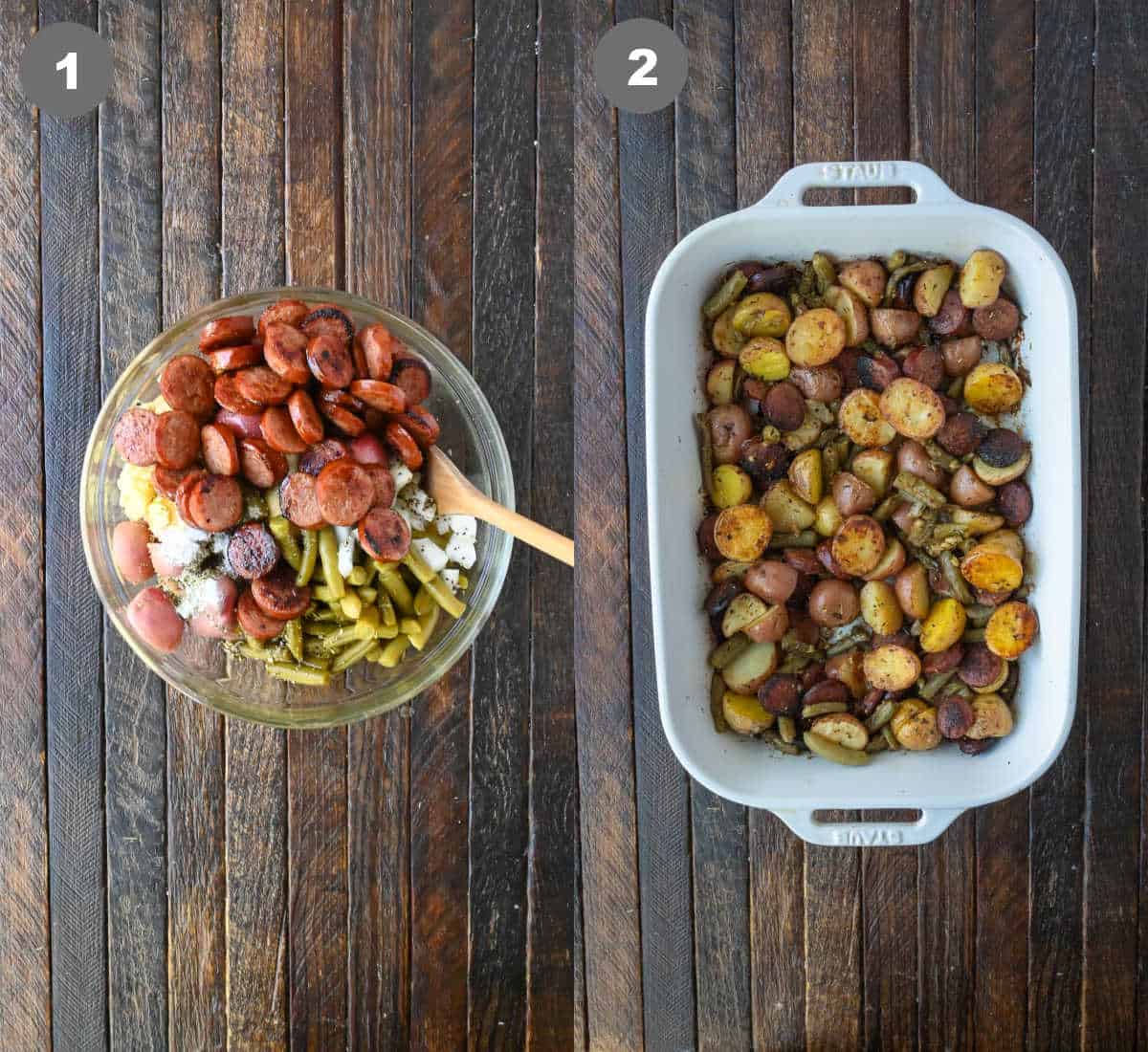 All the ingredients needed and mixed in a bowl them added to the baking dish.