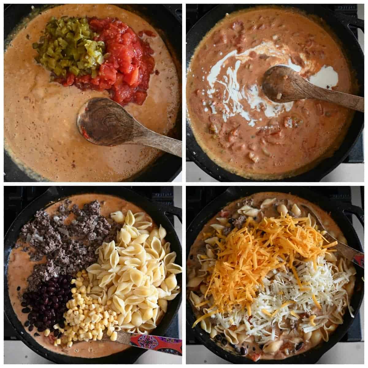 Four process photos. First one, green chilis and diced tomatoes added to the skillet. Third one, heavy whipping cream whisked in to the mixture. Third one, cooked pasta, browned ground beef and cilantro being mixed in. Fourth one, cheese being mixed in. 