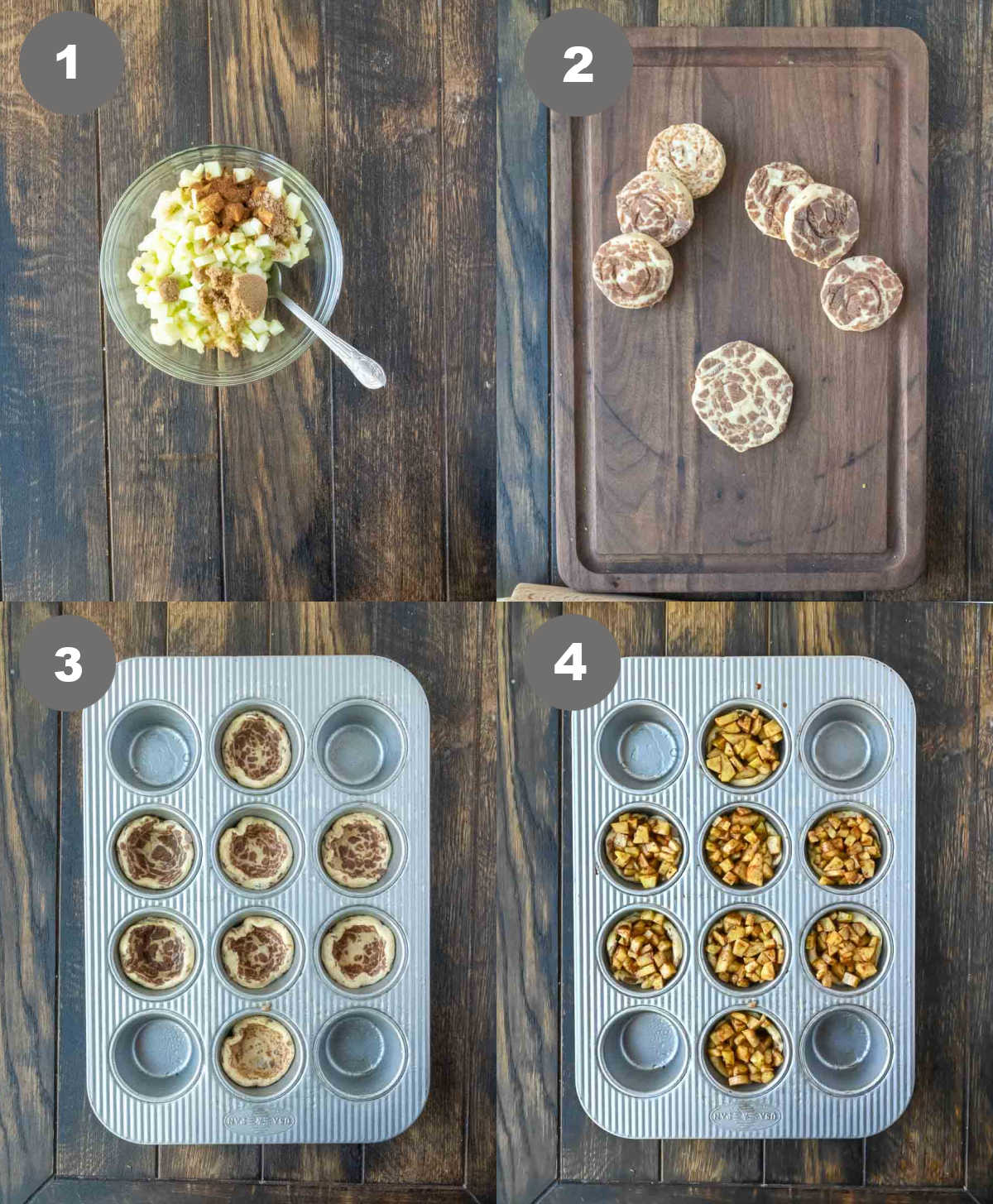 Apples mixed with sugar and cinnamon. Cinnamon rolls on a cutting board then pressed into a muffin tin.