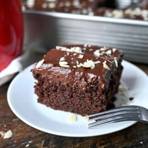 Chocolate cake on a white plate with a fork.