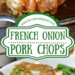 French onion pork chop being picked up with a spatula pinterest pin.
