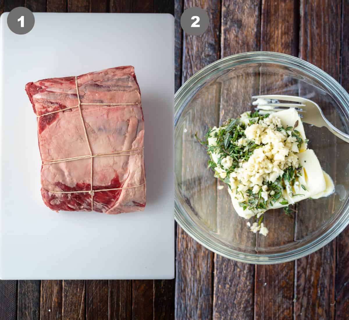 rib eye roast tied up on a cutting board. 