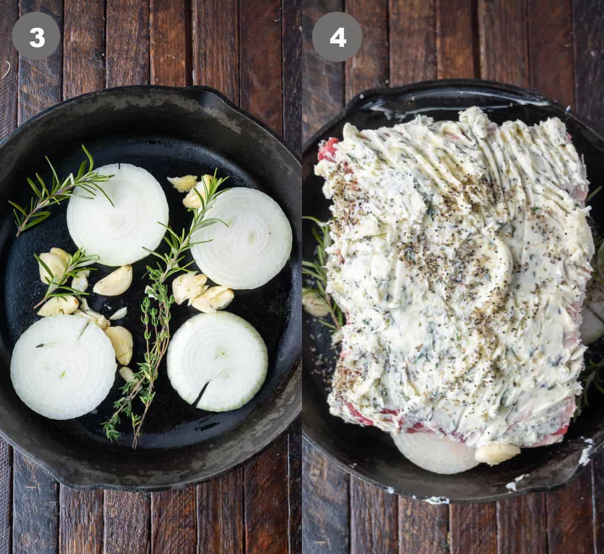 Onion slices and garlic placed in a cast iron skillet.