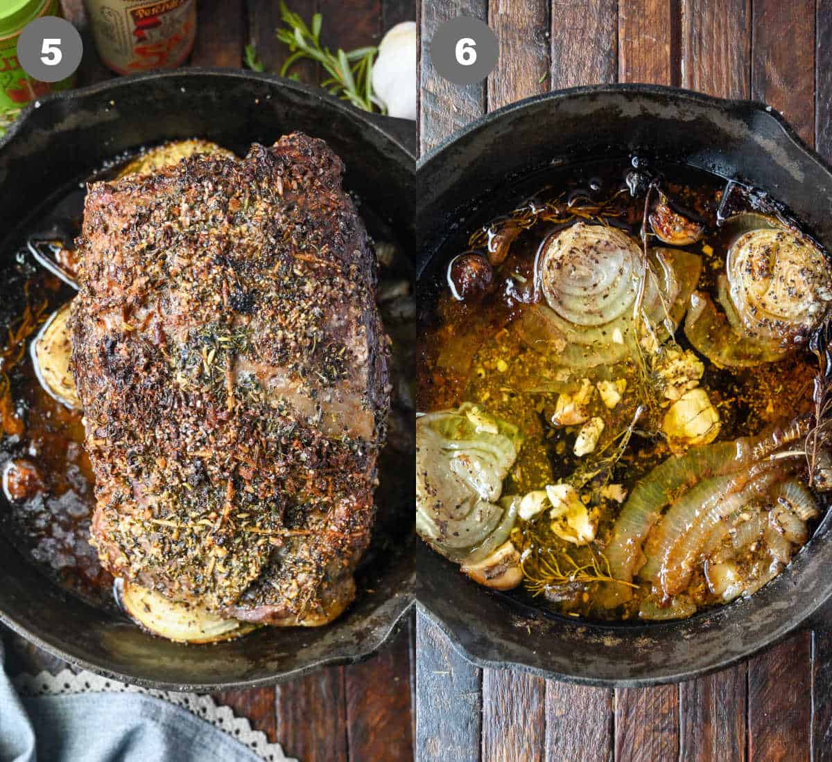 Ribe eye roast in a skillet cooked then removed from the gravy.