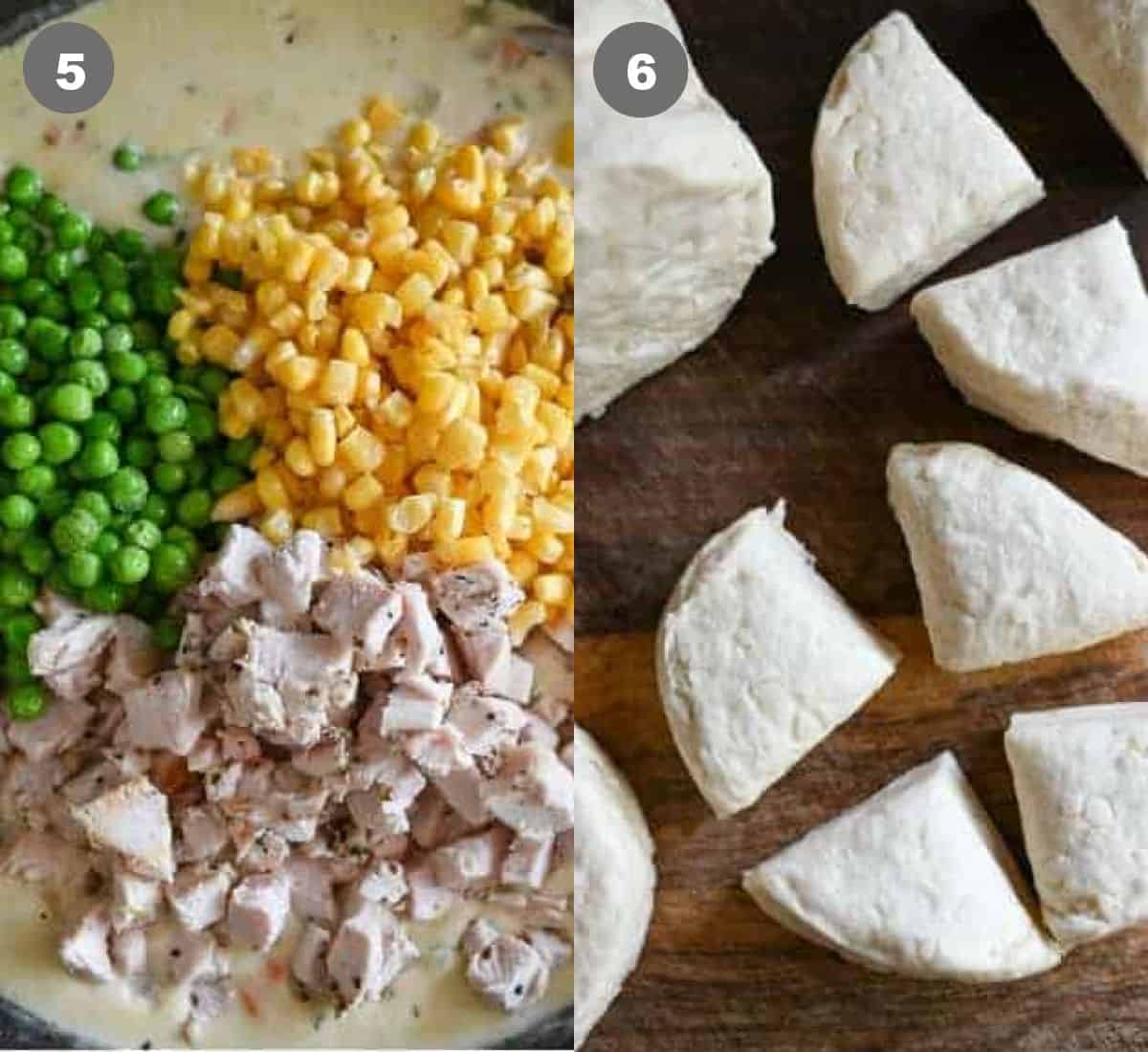 Chicken, peas and corn added to the skillet and biscuits cut into quaters.