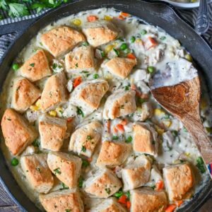 Chicken pot pie in a skillet with biscuits on top.