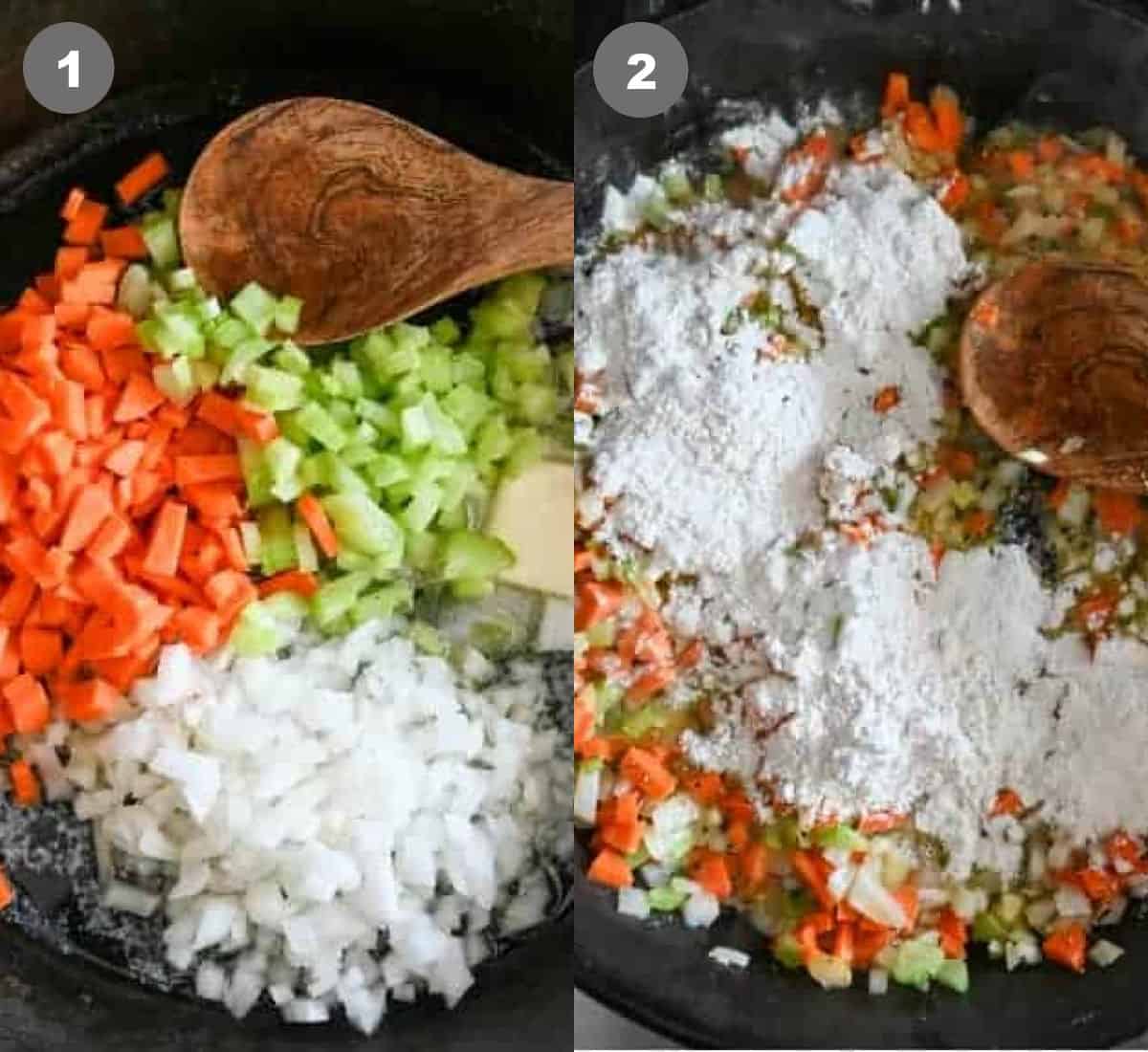 Veggies cooked in a skillet and flour added in.