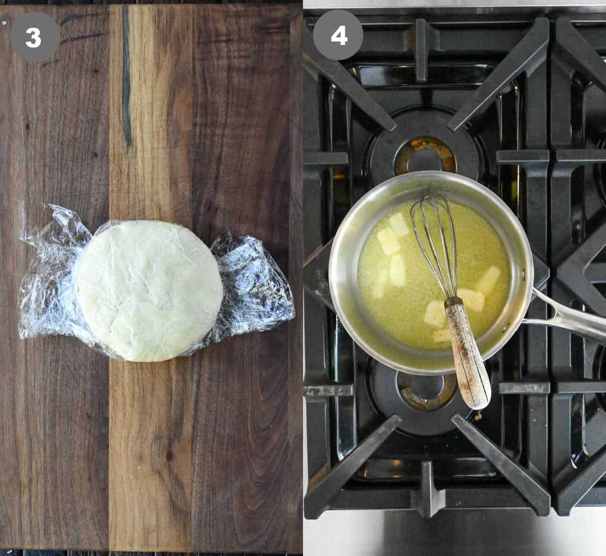 Pie crust wrapped and butter melted in a saucepan.