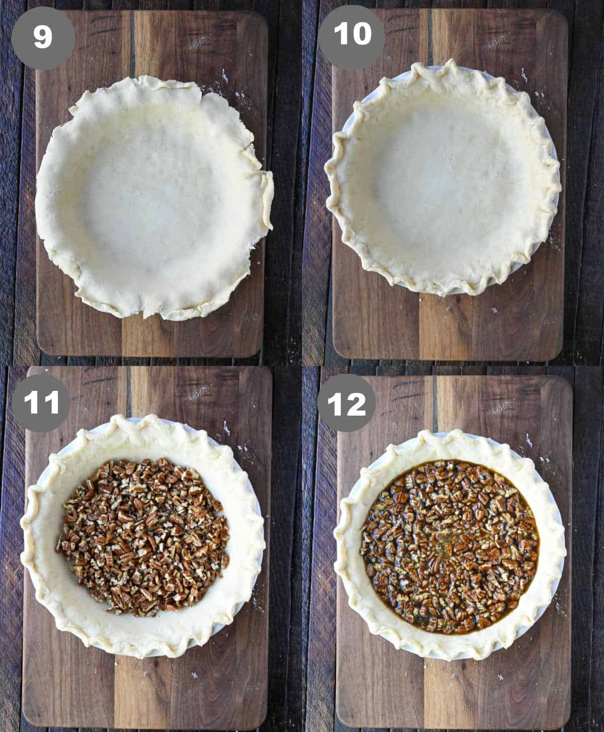 Pie crust in a pie dish and chopped pecans added.