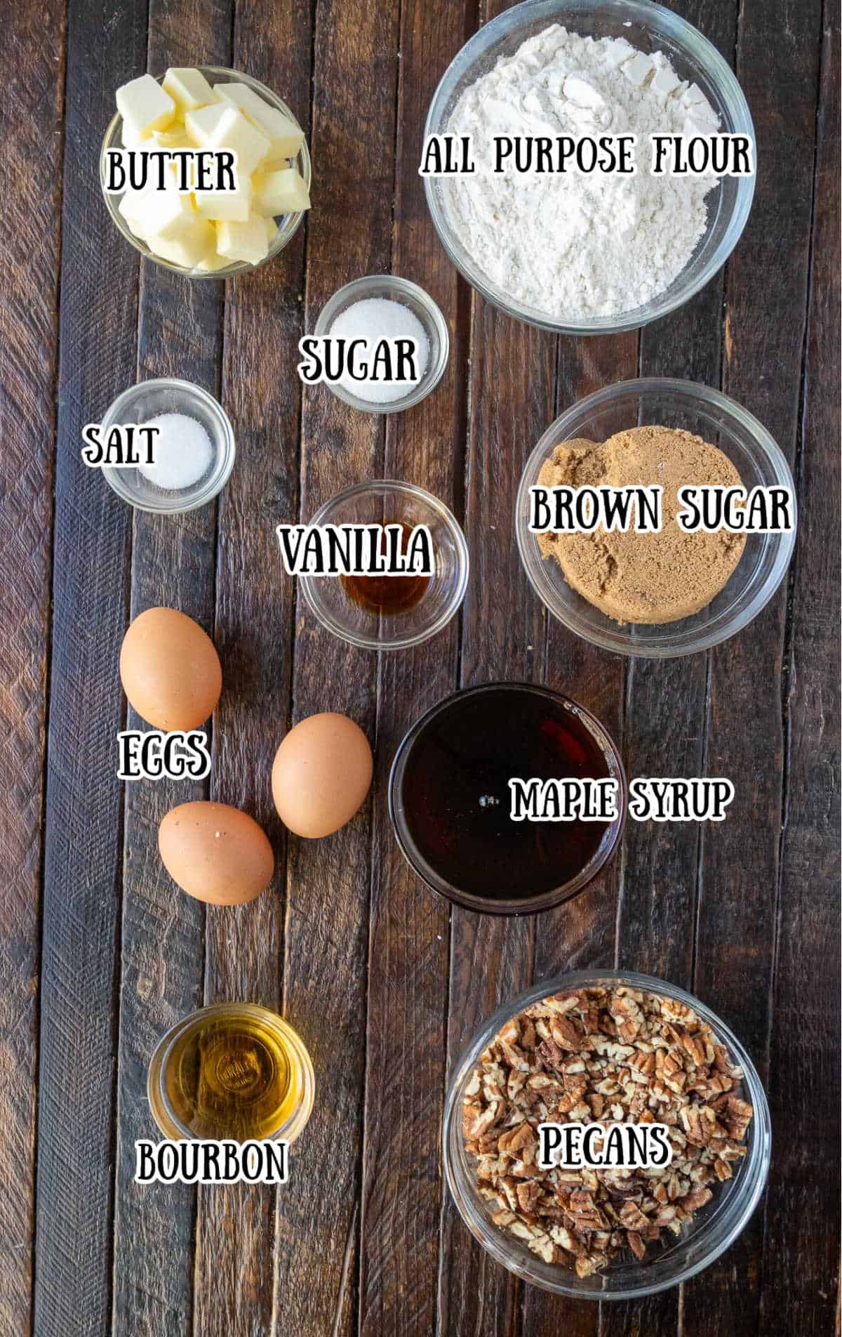 All the ingredients needed for this pecan pie.