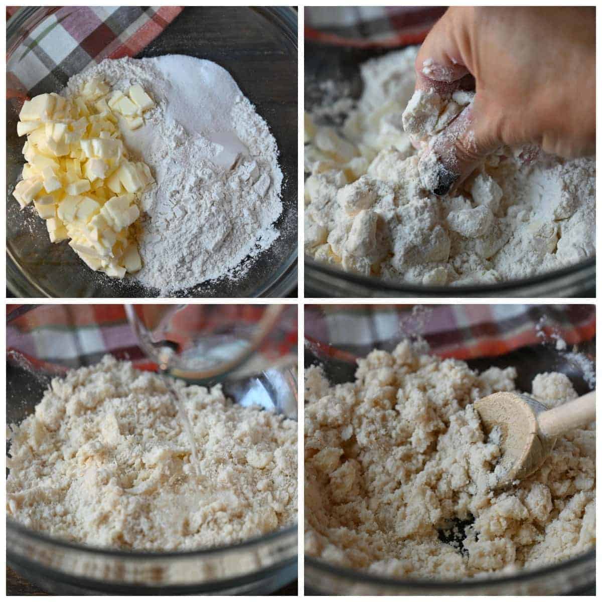 Four process photos. First one, dry ingredients with cold butter chunks. Second one, a hand mixing the cold butter and dry ingredients. Third one, ingredients all mixed up. Fourth one, cold water being poured into the mixture.