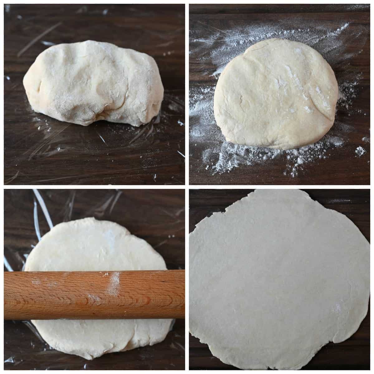 Four process photos. First one, dough chilled and ready. Second one, dough placed on a floured surface. Third one, rolling pin rolling the dough out. Fourth one, a large pie crust rolled out on a cutting board.