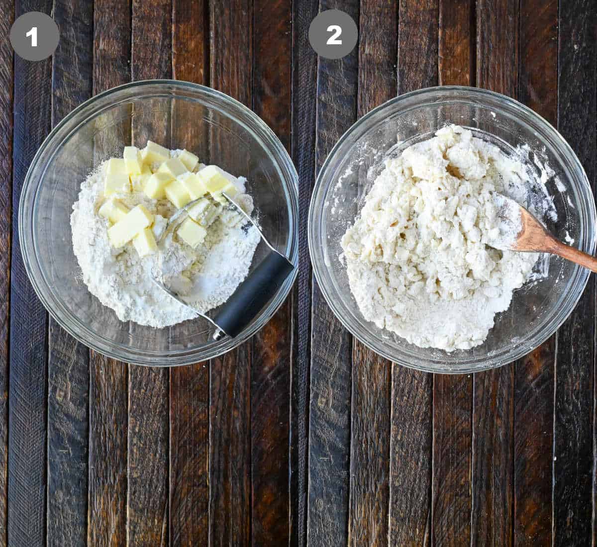 Pie crust ingredients mixed together in a bowl.