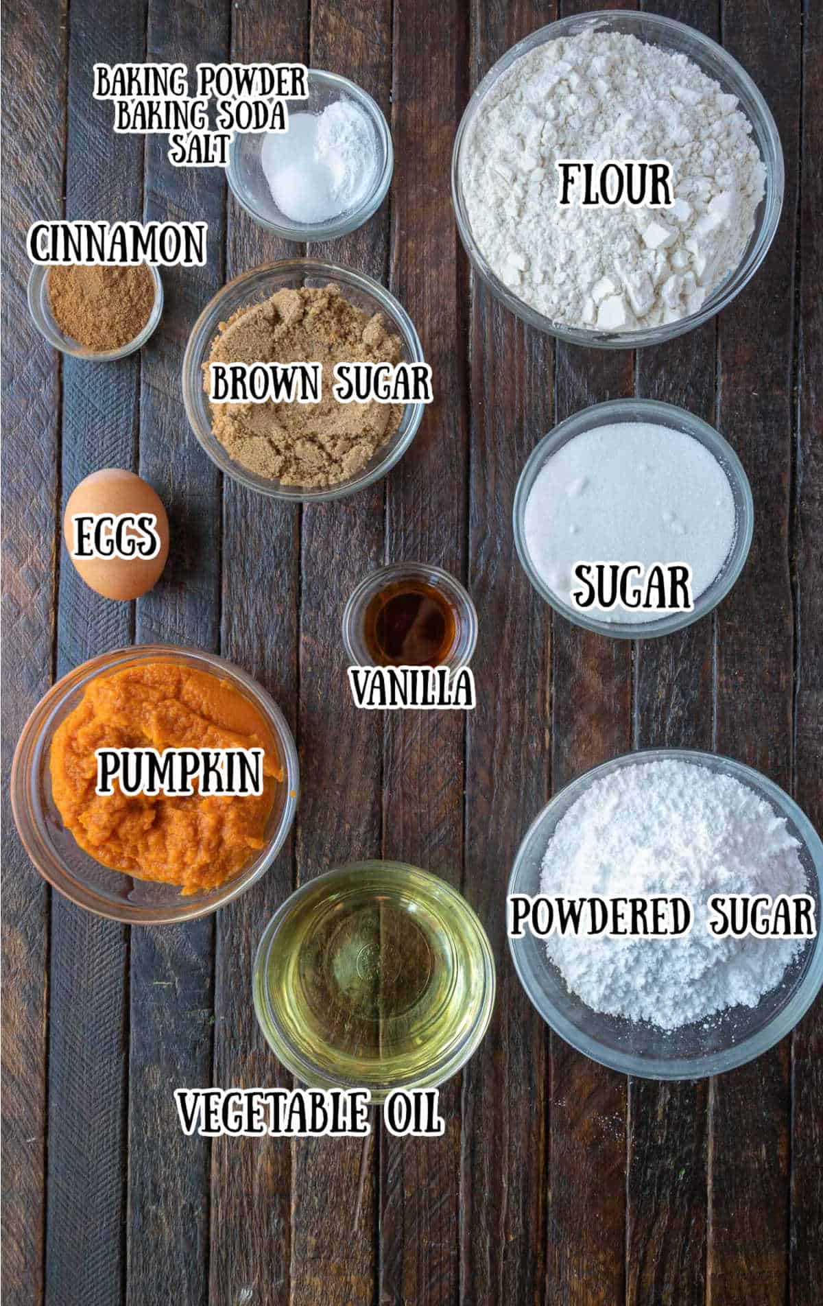 All the ingredients needed for these pumpkin crinkle cookies.
