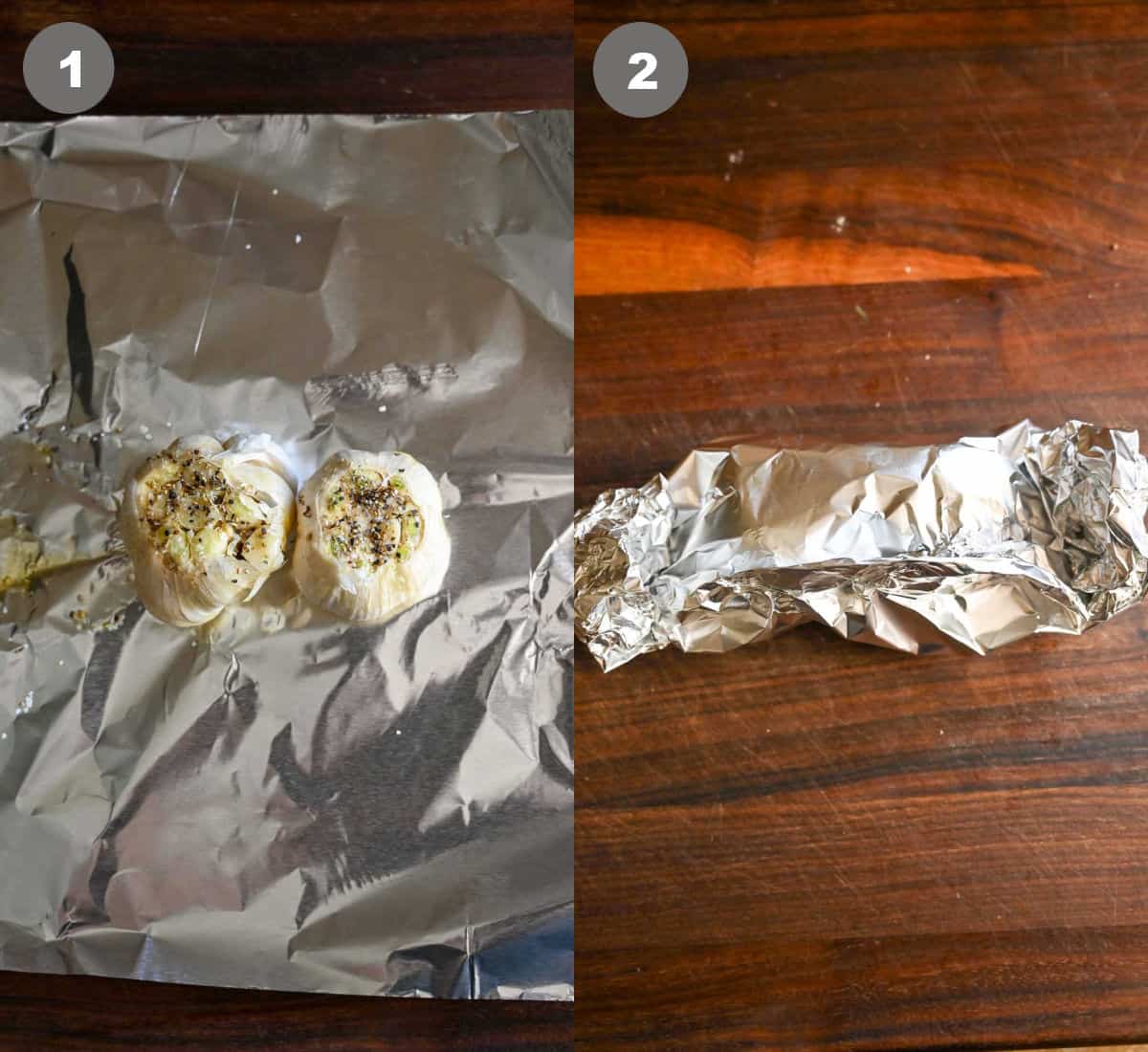 Garlic bulbs on a piece of foil with olive oil and wrapped up.