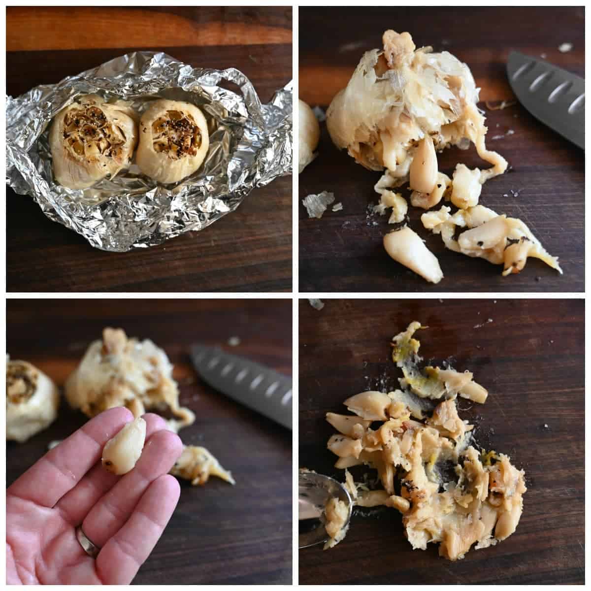 four process photos. First one, garlic bulbs that have been roasted in a piece of aluminium foil. Second one, roasted garlic squeezed out of the skins. Third one, one roasted garlic clove being help in a hand. Fourth one, roasted garlic all removed from the skins and on a wooden cutting board.