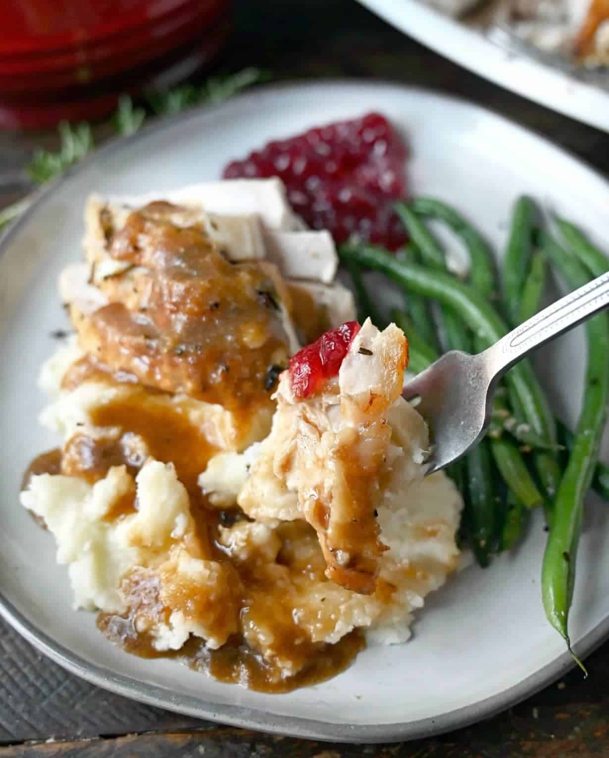 Turkey breast, mashed potatoes and gcranberries on a fork.