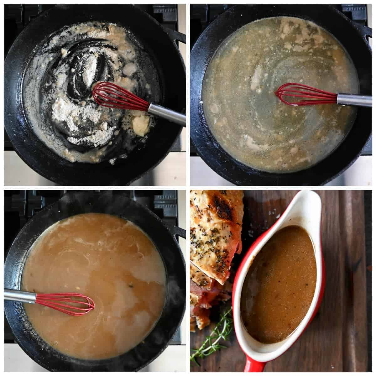 Four process photos. First one, butter in flour in a cast iron skillet. Second one, slow cooker juices poured into the skillet. Third one, gravy coming to a simmer with a red whisk. Gravy finished and placed into a red gravy boat.