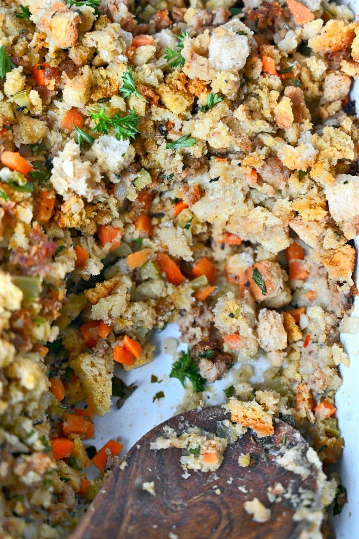 Close up photo of cornbread sausage dressing.
