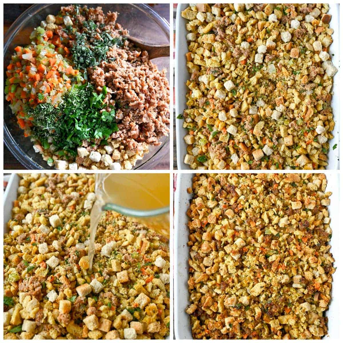 Four process photos. First one, fresh herbs added to the bowl. Second one, all ingredients placed into a baking dish. Third one, chicken tock deing poured obver the dressing. Fourth one, baked and out of the oven.