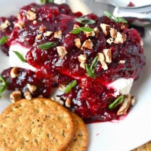 Cranberry sauce over the top of cream cheese with green onions and pecans sprinkled on top. Crackers on the side.
