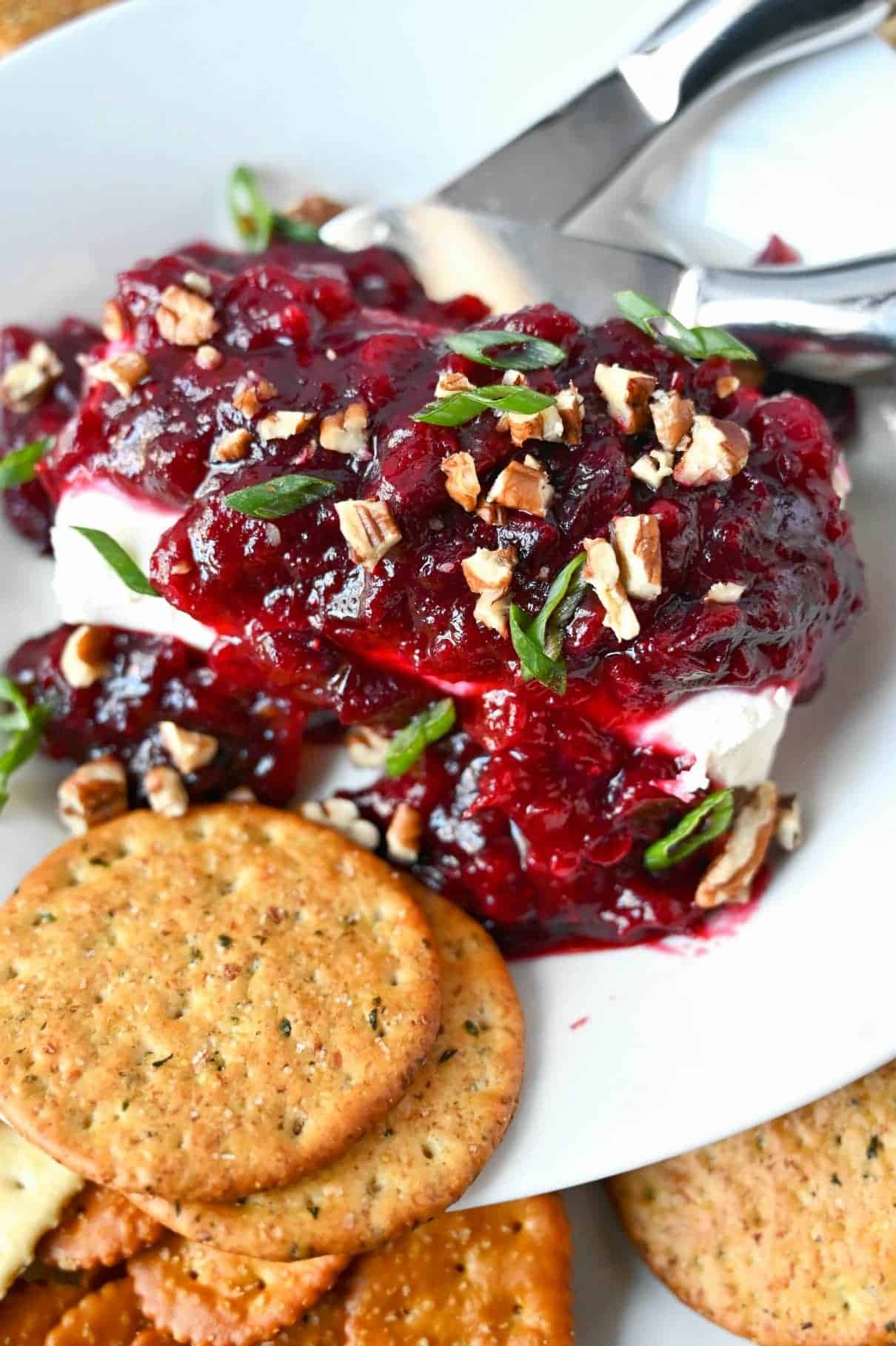 Cranberry sauce over the top of cream cheese with green onions and pecans sprinkled on top. Crackers on the side.