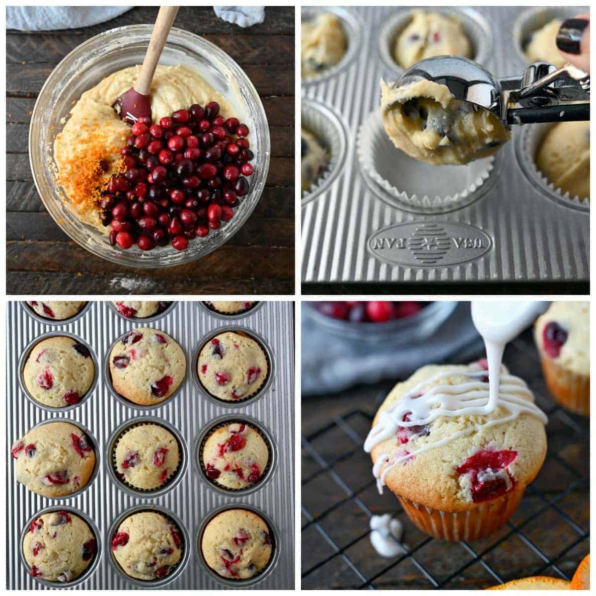Four process photos. First one, orange zest and cranberries added into the batter. Second one, an icecream scooper dropping muffin mix into the tin. Third one, all muffins baked in a 12 cup miffin tin. Fourth one, icing being drizzled on top of a muffin.