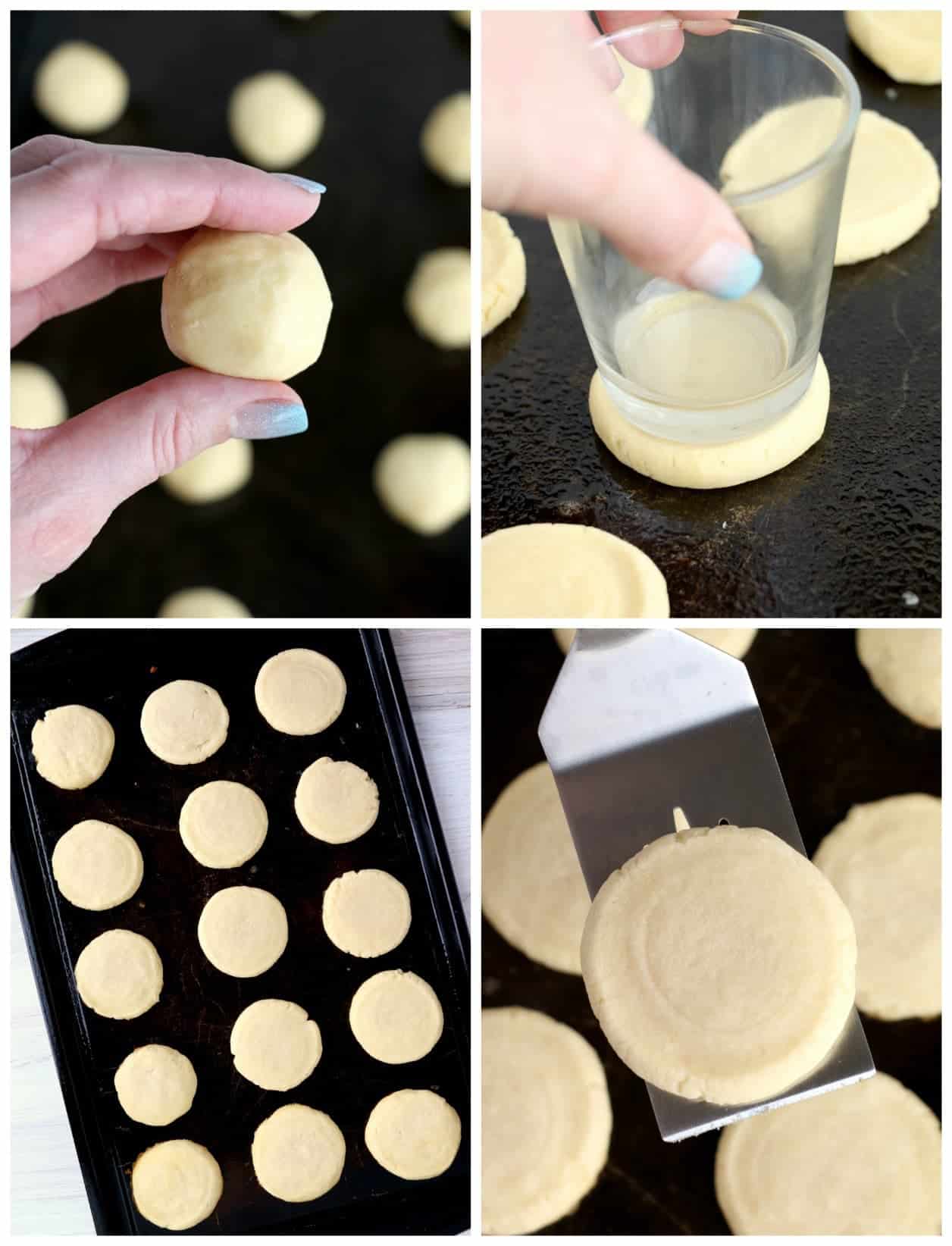 Four process photos. First one, cookir dough rolled into a ball and held between fingers. Second one, cookie dough placed onto a cookie sheet and a glass cup pressing them down. Third one, 15 pressed cookies on a baking sheet. Fourth one, a small spatula picking a cookie up.