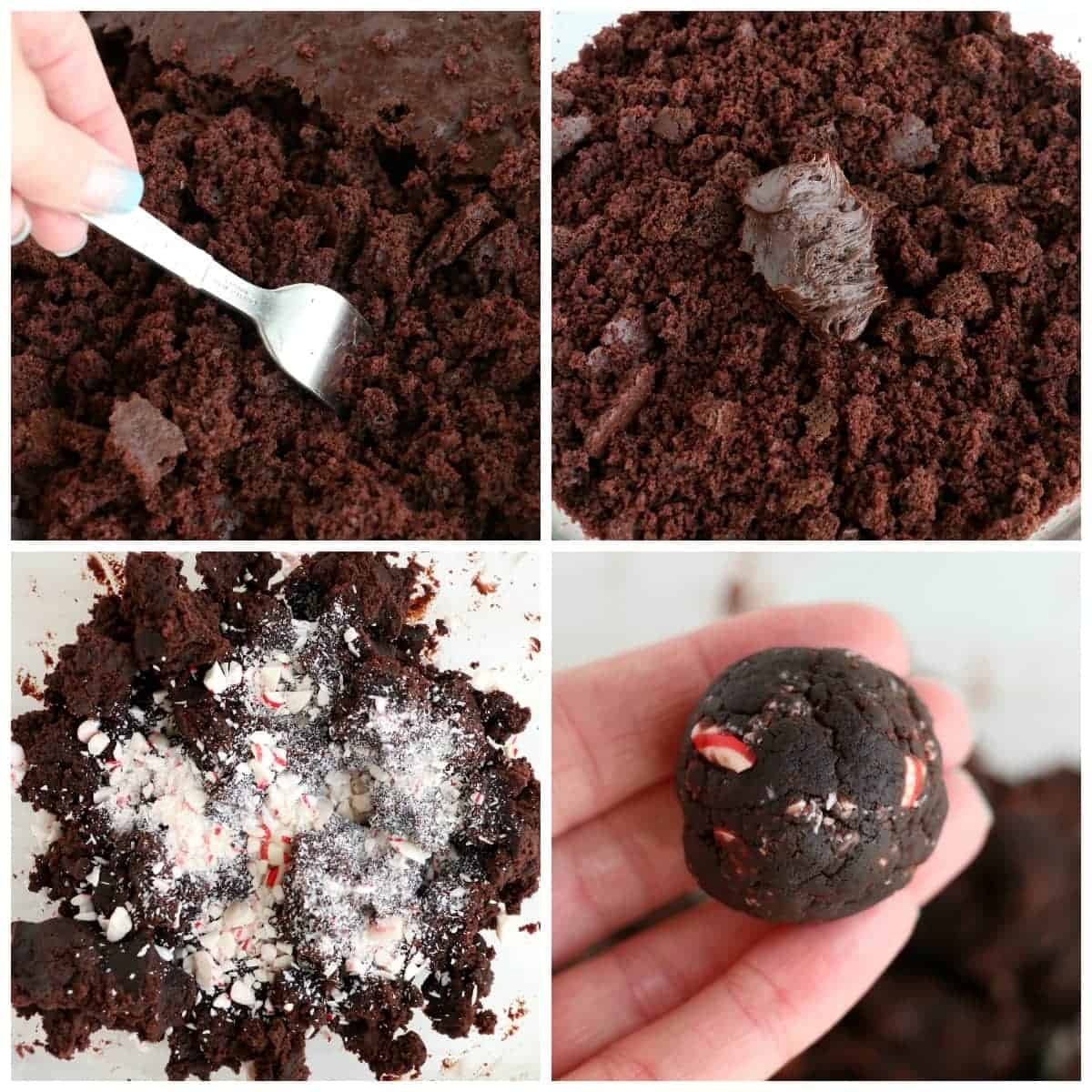 Four process photos. First one, baked choclate cake being crumbled with a fork. Second one, chocolate frosting mixed into the crumbled chocolate cake. Third one, crunched peppermint candies mixed into the truffle batter. Fourth one, cake truffle rolled into a ball and held in a hand.