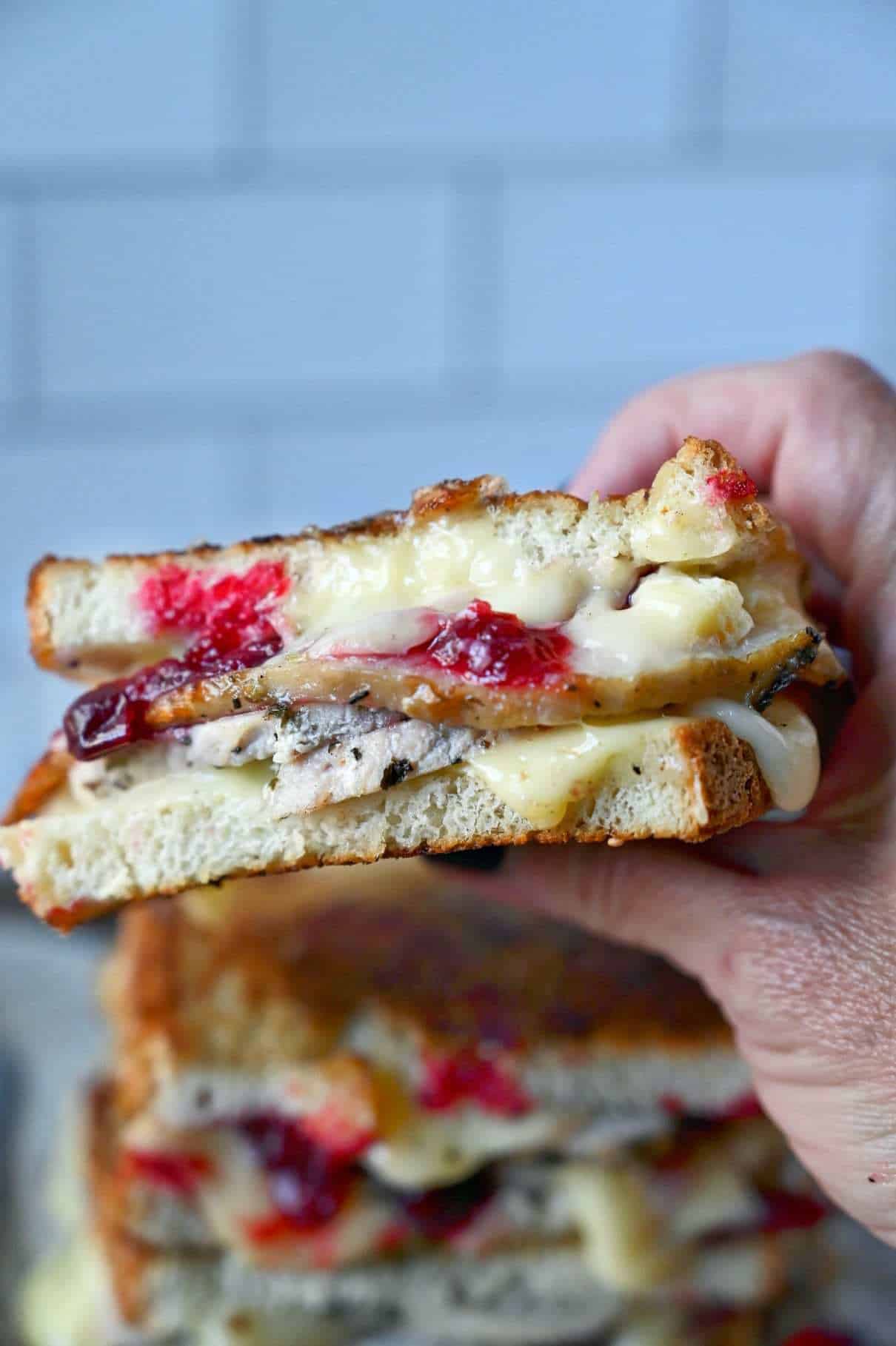 Turkey cranberry brie grill cheese being held in a hand.