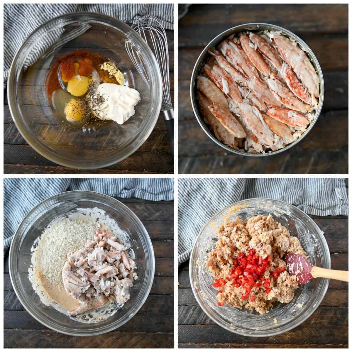 Four process photos. First one, wet ingredients in a medium bowl. Second one, crab meat in a can. Third one, dry ingredients added to the wet ingredients. Fourth one, diced red peppers add into the bowl.