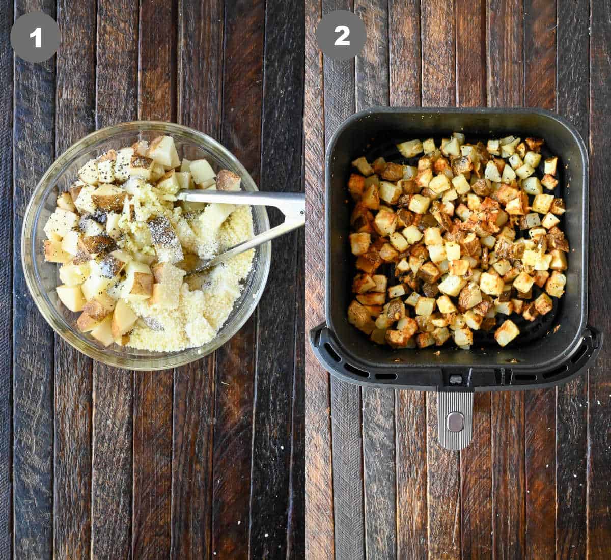 Diced potatoes tossed with cheese and olive oil in a bowl.