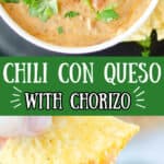 A bowl of queso and a chip dipping into it pinterest pin.