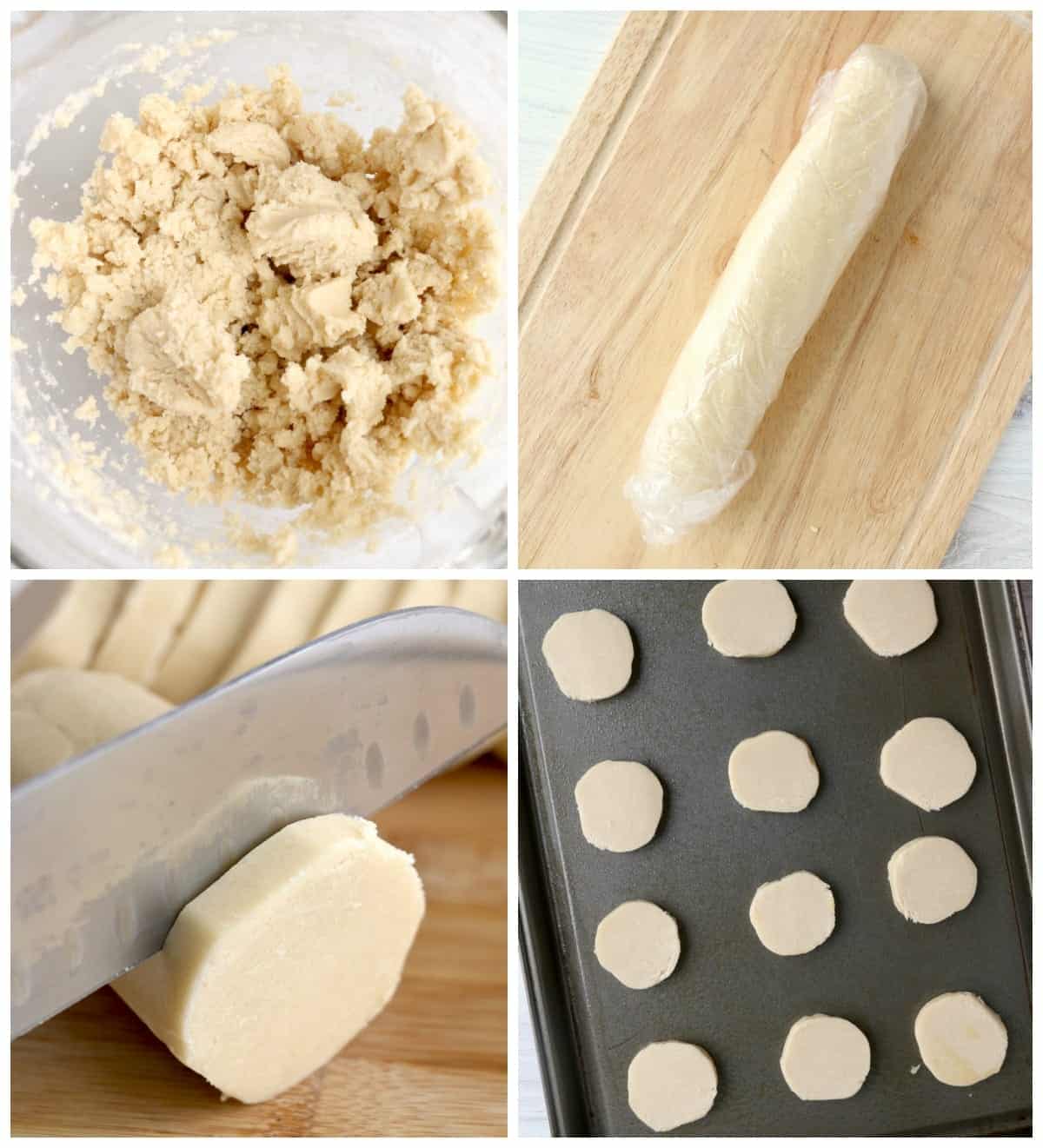 Four process photos. First one, dough all mixed together Second photo, dough rolled out into a log. Third one, dough being sliced with a knife. Fourth one, sliced cookies on a baking sheet.