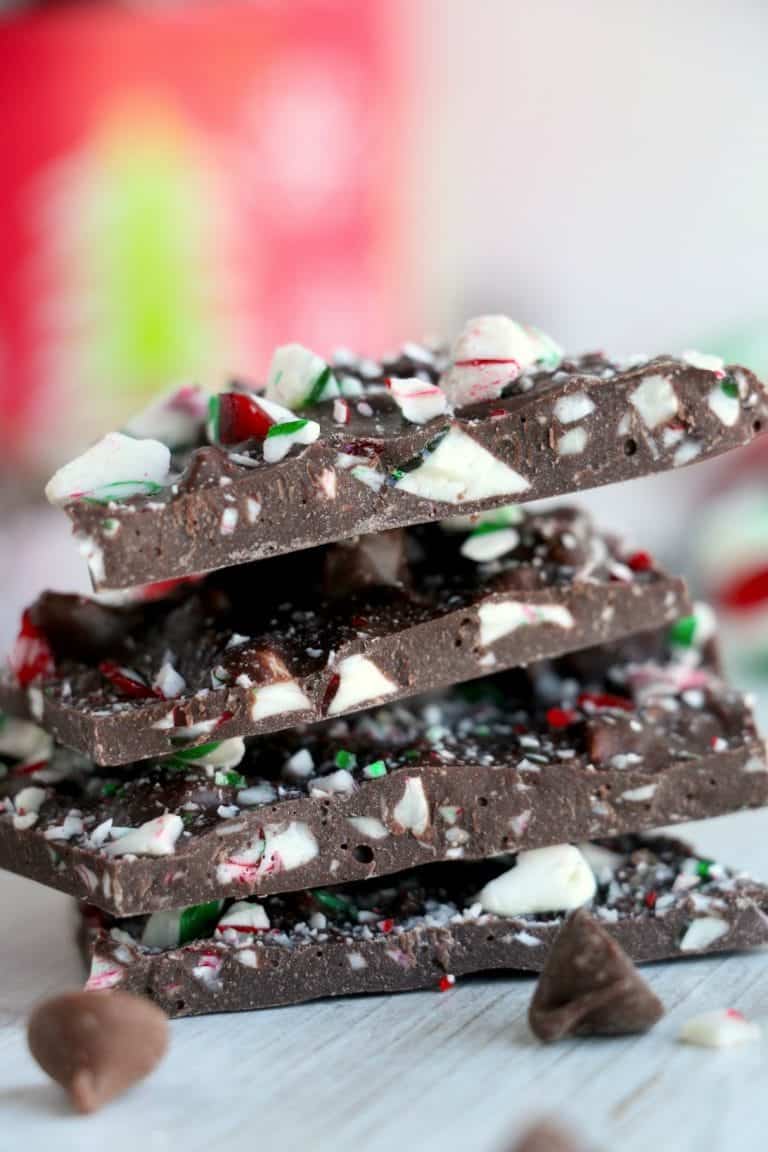 Close up photo of chocolate peppermint bark stacked.