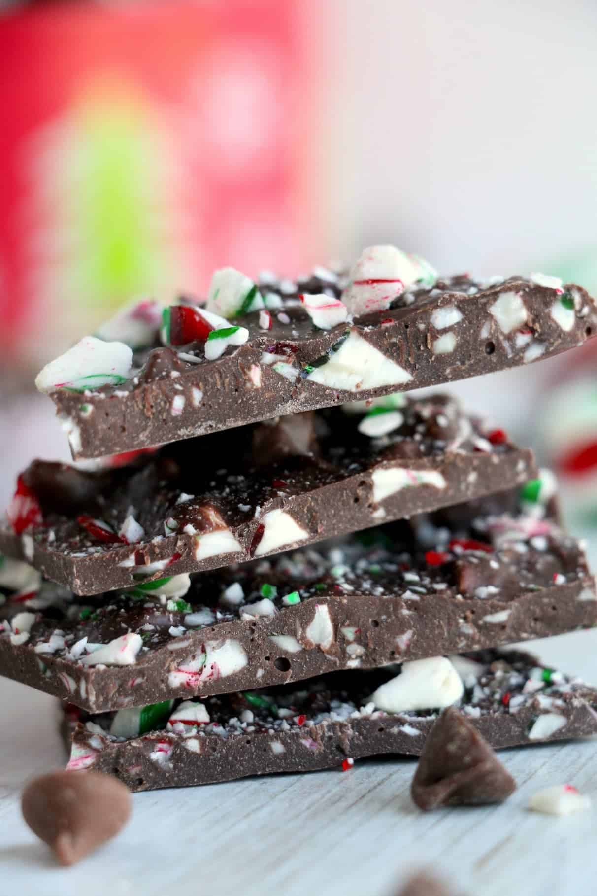Close up photo of chocolate peppermint bark stacked. 