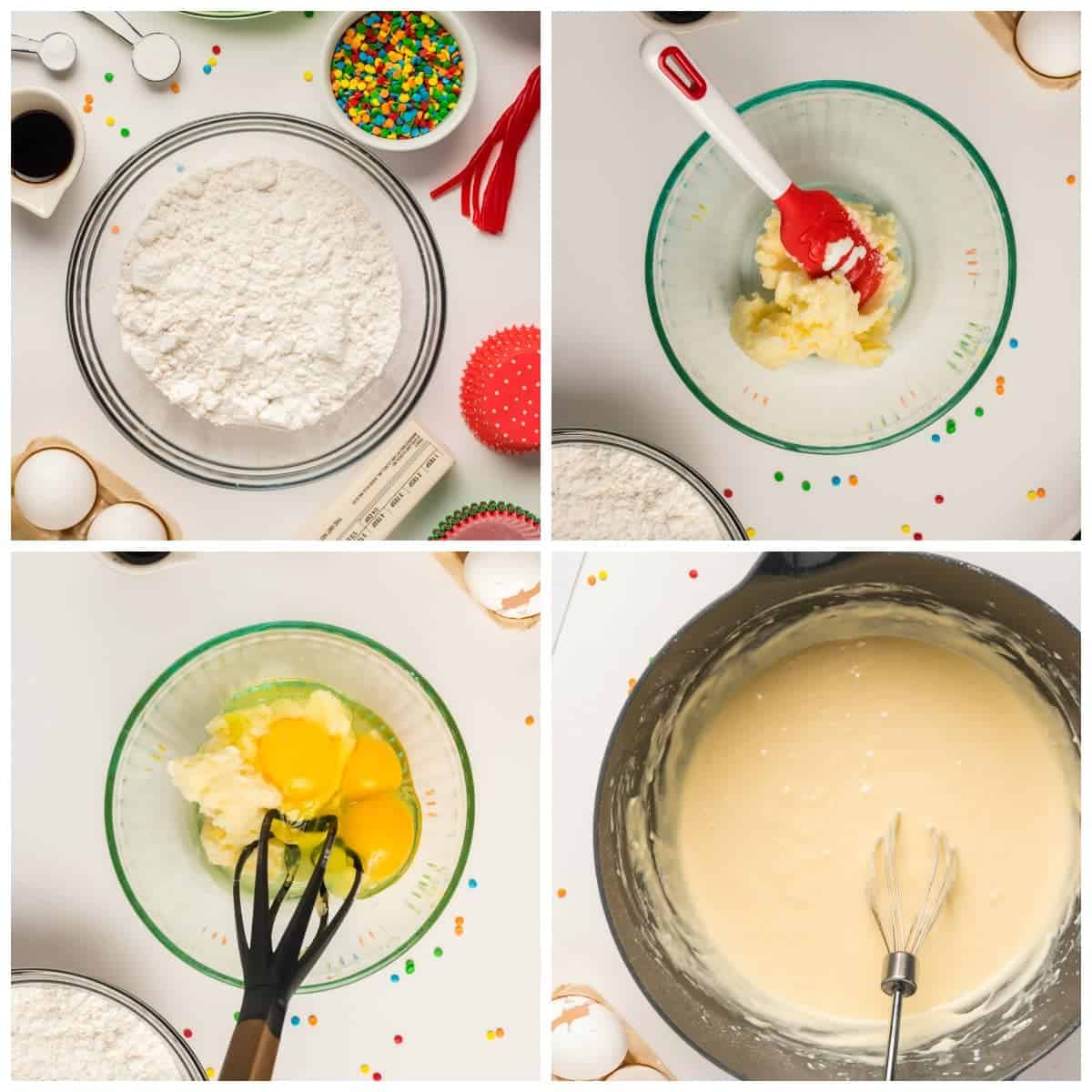 Four process photos. First one, dry ingredients in a bowl with sprinkles and some wet ingredients on the side. Second one, butter softened in a bowl with a red spatula. Third one, eggs and sugar added in to the butter. Fourth one, everything blended together in a large bowl. 