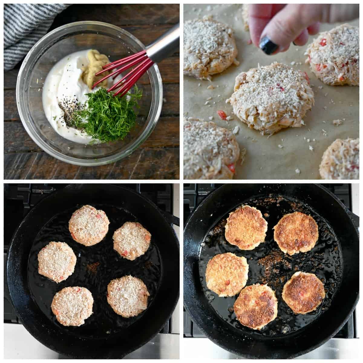 Four process photos. First one, all ingredients in a small bowl to whisk together for the lemon dill sauce. Second one, crab patties on a baking sheet and more bread crumbs being sprinkled on top. Third one, crab patties in a cast iron skillet. Fourth one, crab patties flipped and cooked on the other side in the cast iron skillet.
