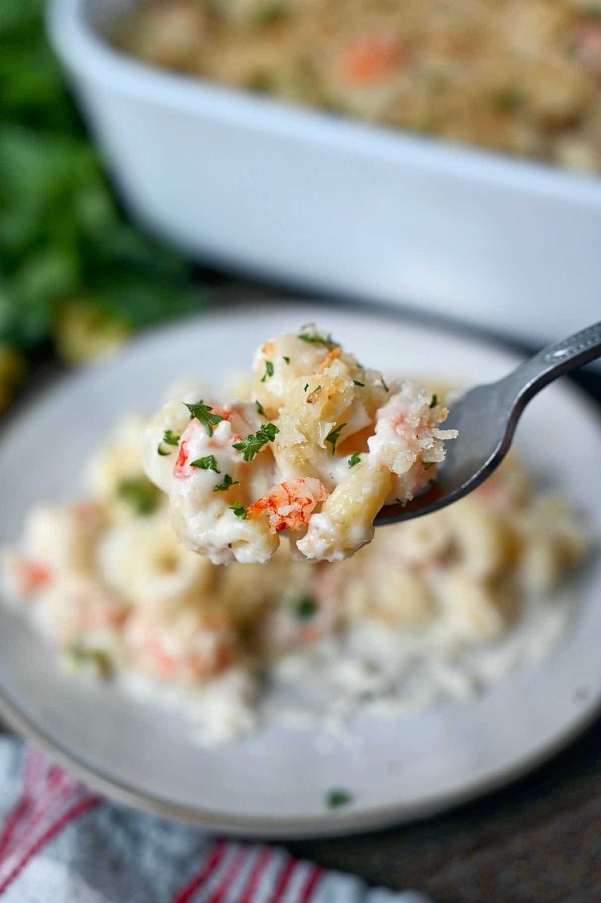 Lobster mac and cheese bite on a fork.